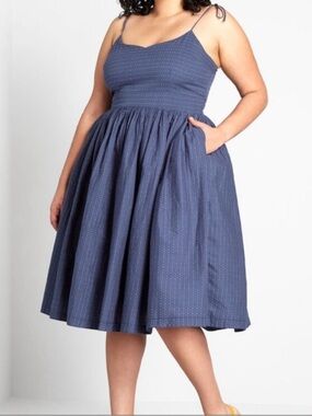 ModCloth Fit and Flare Midi Dress Blue Micro Dot Tie Strap Sweetheart Cotton 12